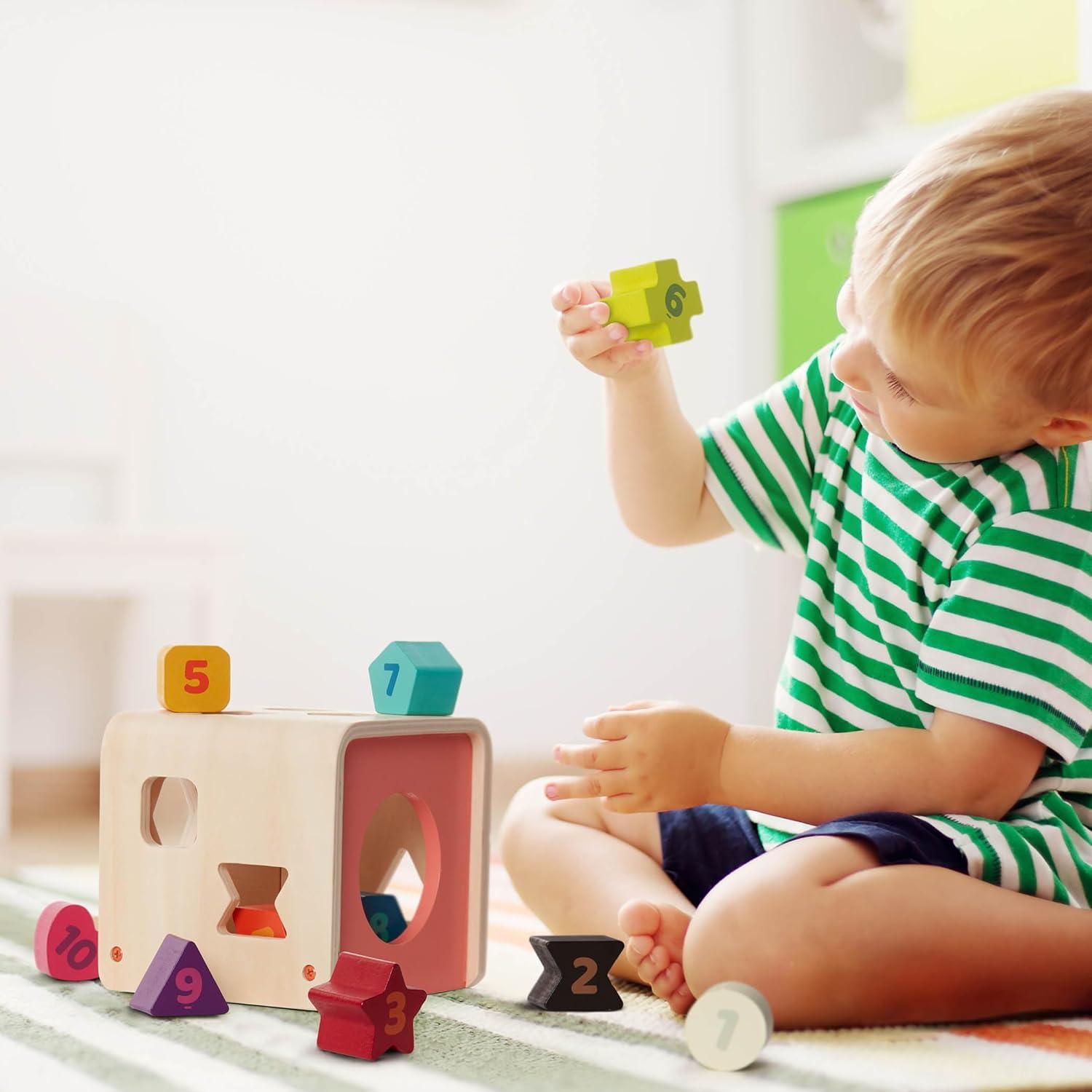 imageBattat  Shape Sorter For Toddlers Kids Wooden Learning Cube 10 Colorful Wood Shapes With Numbers Count ampamp Sort Cube 1 Year