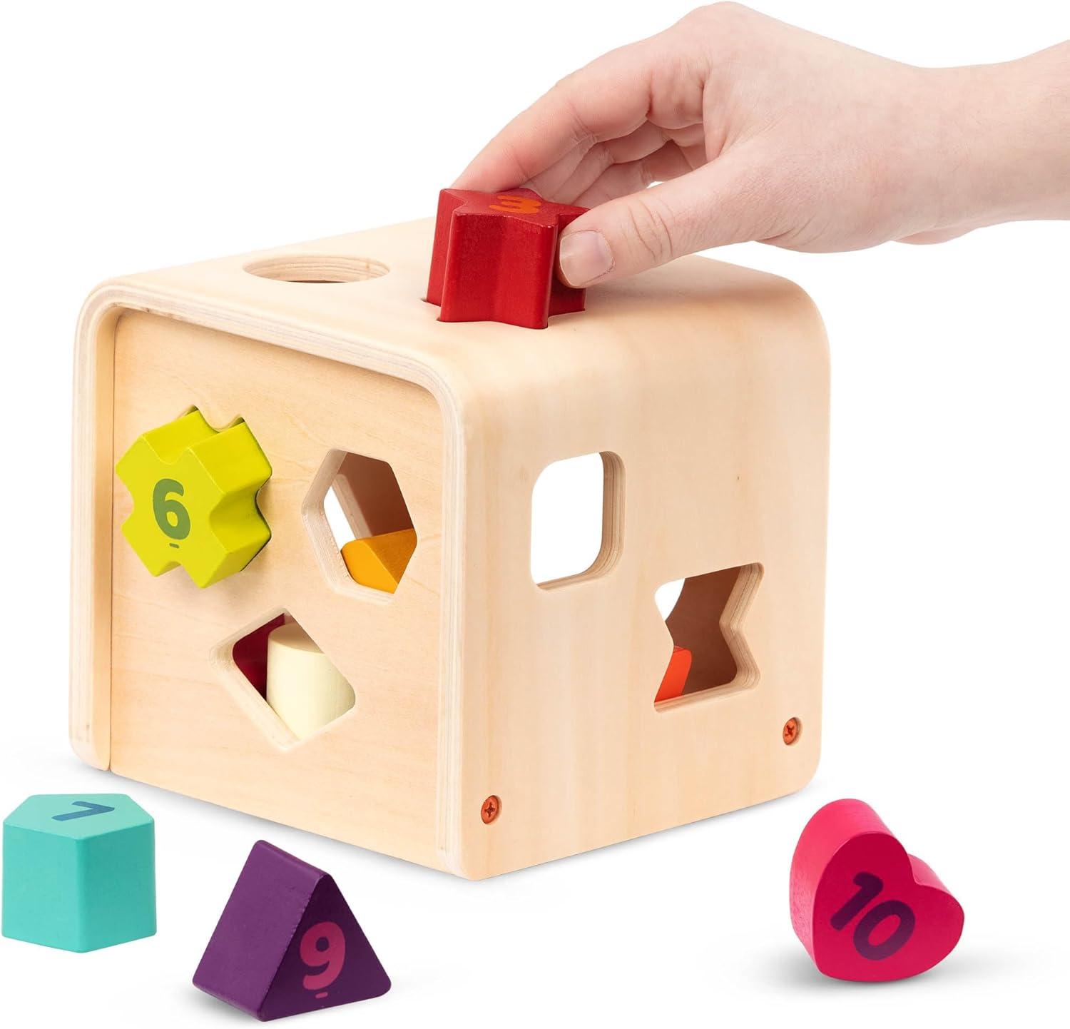imageBattat  Shape Sorter For Toddlers Kids Wooden Learning Cube 10 Colorful Wood Shapes With Numbers Count ampamp Sort Cube 1 Year
