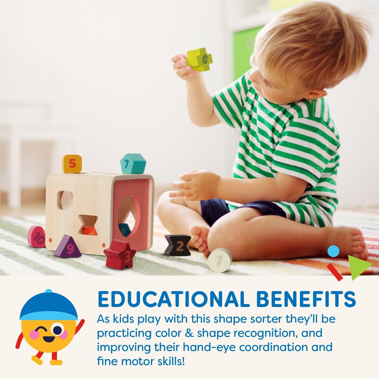 imageBattat  Shape Sorter For Toddlers Kids Wooden Learning Cube 10 Colorful Wood Shapes With Numbers Count ampamp Sort Cube 1 Year