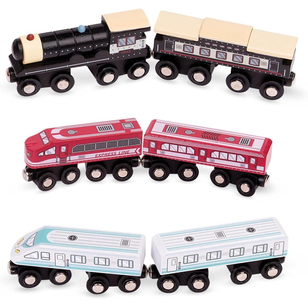 imageBattat  Classic Trains  6 Pieces Wooden Railroad Set  Magnetic Toy Trains  Train Engines ampamp Cars  3 Years Wooden Locomotives ampamp Freight CarsSet 2