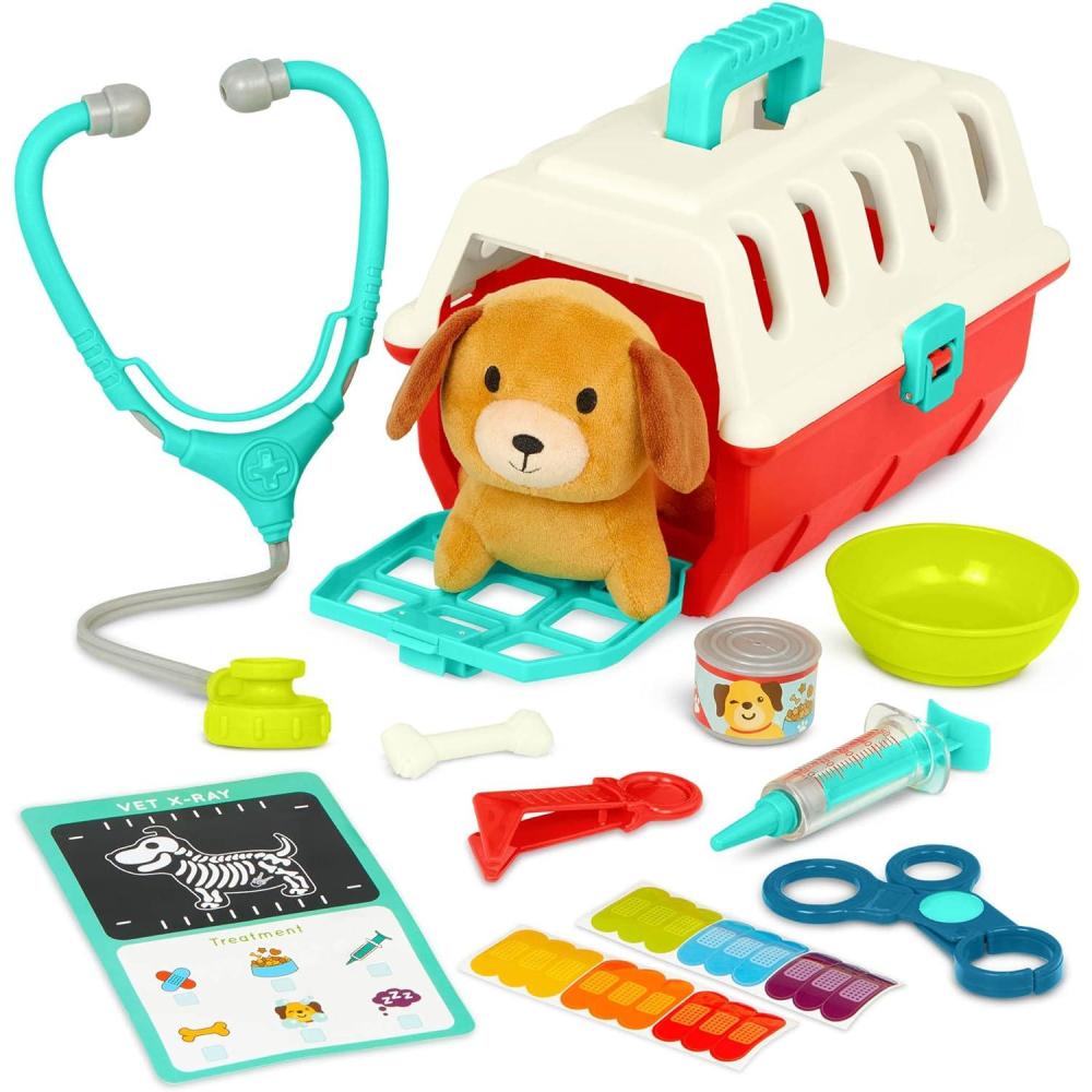 imageBattat  Mini Vet Playset 11 Pieces  Plush Dog ampamp Carrier  Stickers ampamp Checklist  Toy Stethoscope ampamp Bone  2 Years  Puppy Care Vet Kit
