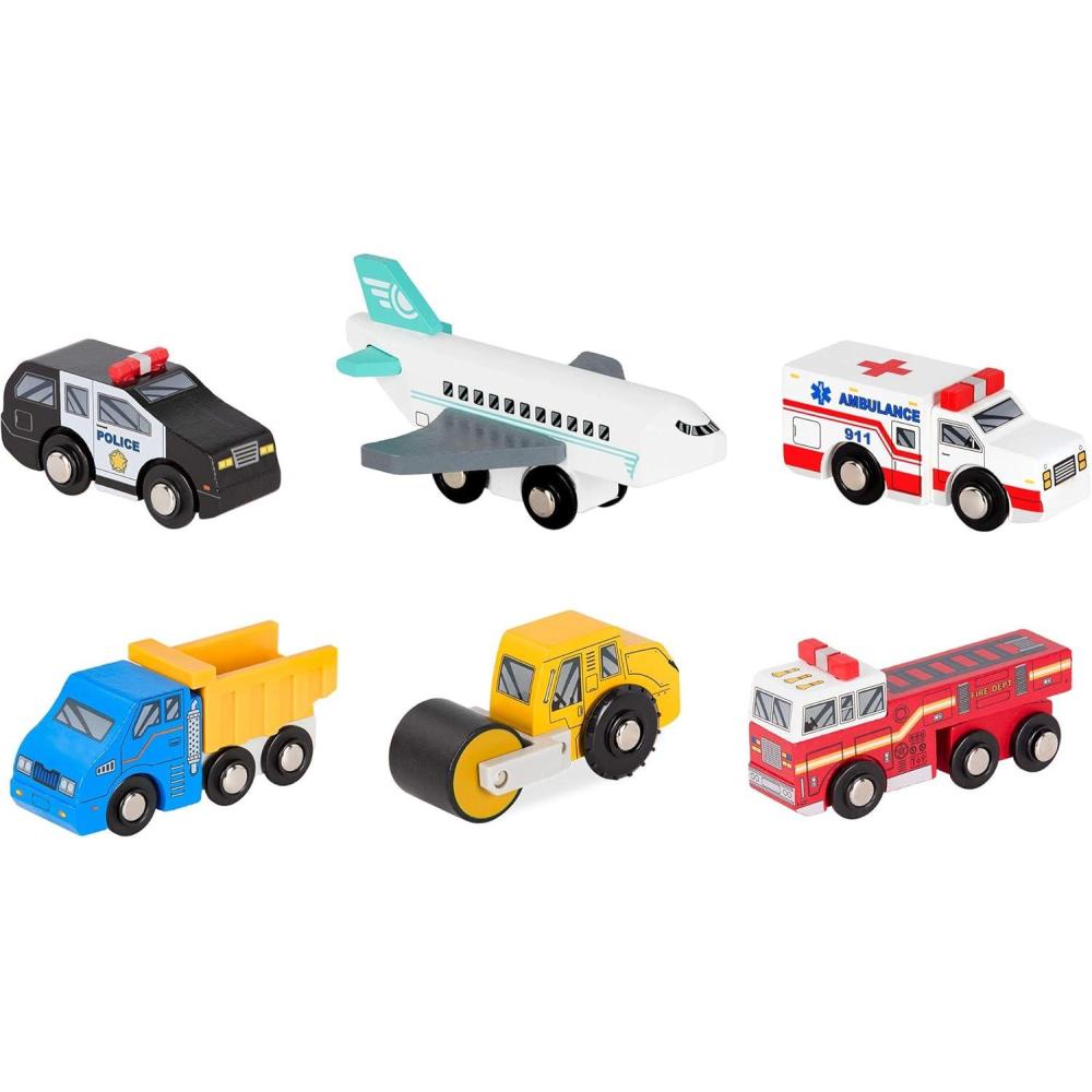 imageBattat  Wood Cars For Kids  6 Pieces Toy Vehicle Set  Mini Rescue ampamp Construction Vehicles  Toddler Truck Toys  3 Years Wooden Vehicles Set 1Set 2