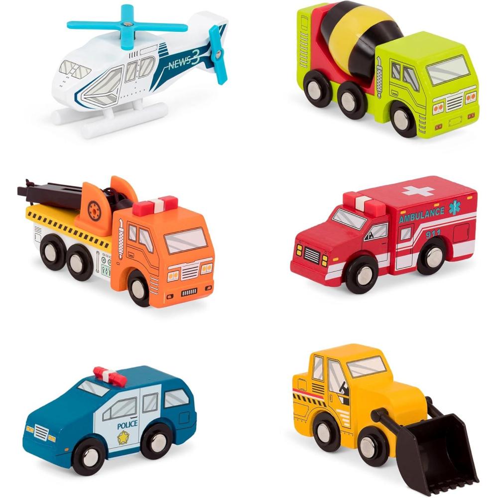 imageBattat  Wood Cars For Kids  6 Pieces Toy Vehicle Set  Mini Rescue ampamp Construction Vehicles  Toddler Truck Toys  3 Years Wooden Vehicles Set 1Set 3