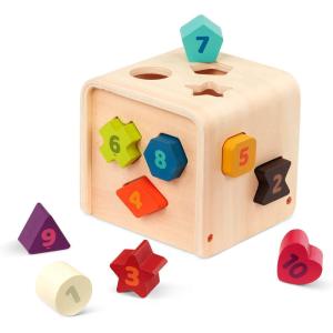Battat – Shape Sorter For Toddlers, Kids Wooden Learning Cube 10 Colorful Wood Shapes With Numbers Count & Sort Cube 1 Year +