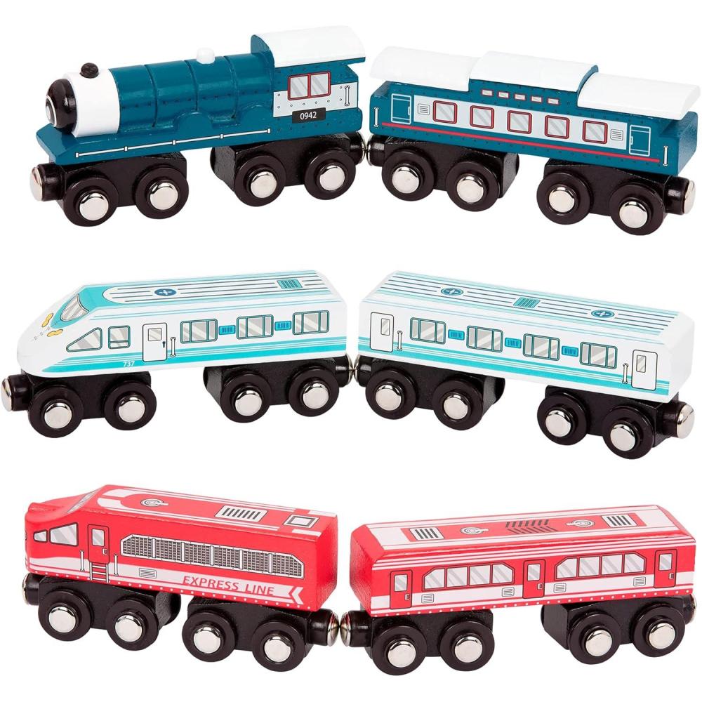 imageBattat  Wooden Trains  Toddler Railroad Set  Trains In Red White And Blue  Locomotives ampamp Passenger Cars  3 Years   Wooden Passenger Trains