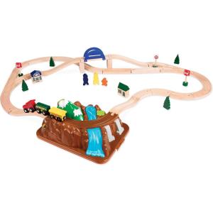 Battat – Railroad Set For Toddlers – Classic Wooden Train – Reversible Tracks & Magnetic Cars – 47-Piece Train & Town Playset – 3 Years + – Wild Ridge Train