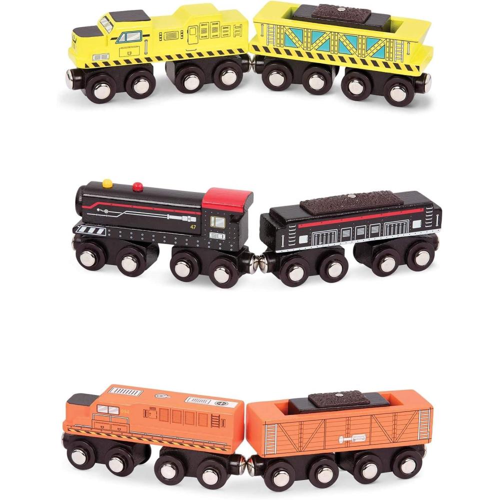 imageBattat  Wooden Trains  Toddler Railroad Set  Trains in Yellow Orange and Black  Magnetic Train Engines ampamp Cars  3 Years   Wooden Locomotives ampamp Freight Cars