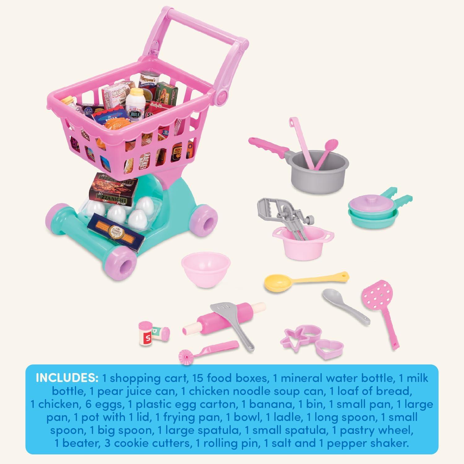 imageBattat Journe de shopping et ensemble dustensiles de cuisine Chariot de supermarch et picerie pour enfants Aliments pour jouets Jouer la cuisine Jouer faire semblant 3 ans et Ensemble chariot picerie 50 pices