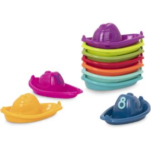 Battat – Barre de bain Rain & Shine – Barre de jouets pour le bain de bébé – 6 pièces amovibles et 2 ventouses – Jouet à empiler et à trier – 12 mois et +(Empiler les bateaux)