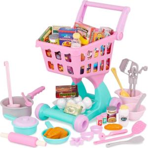 Battat – Journée de shopping et ensemble d&rsquo;ustensiles de cuisine – Chariot de supermarché et épicerie pour enfants – Aliments pour jouets – Jouer à la cuisine – Jouer à faire semblant – 3 ans et +(Ensemble chariot + épicerie – 50 pièces)