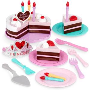 Battat Play Circle by, Ensemble de fête d&rsquo;anniversaire Princesse, diadème de Princesse, Bougies, Assiettes, fourchettes et gâteau au Chocolat Garni de Fraises, Jouets Alimentaires pour Enfants à(Ensemble de fête d&rsquo;anniversaire – 24 pièces)